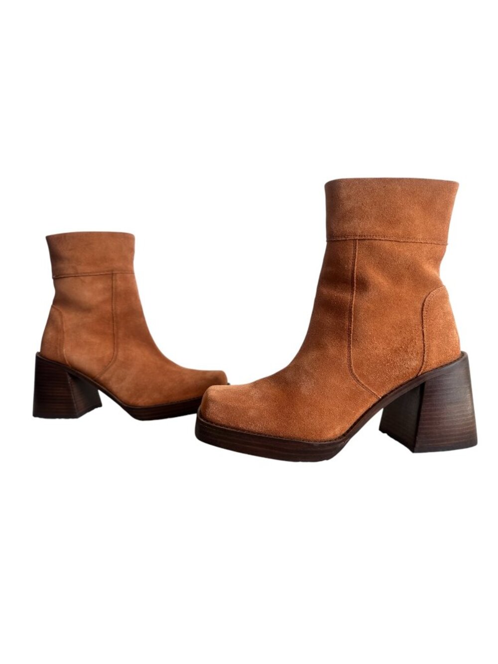 ASOS Retro Suede Ankle Boots Womens 7 Tan Square Toe 70s Hippie Cowgirl Boho